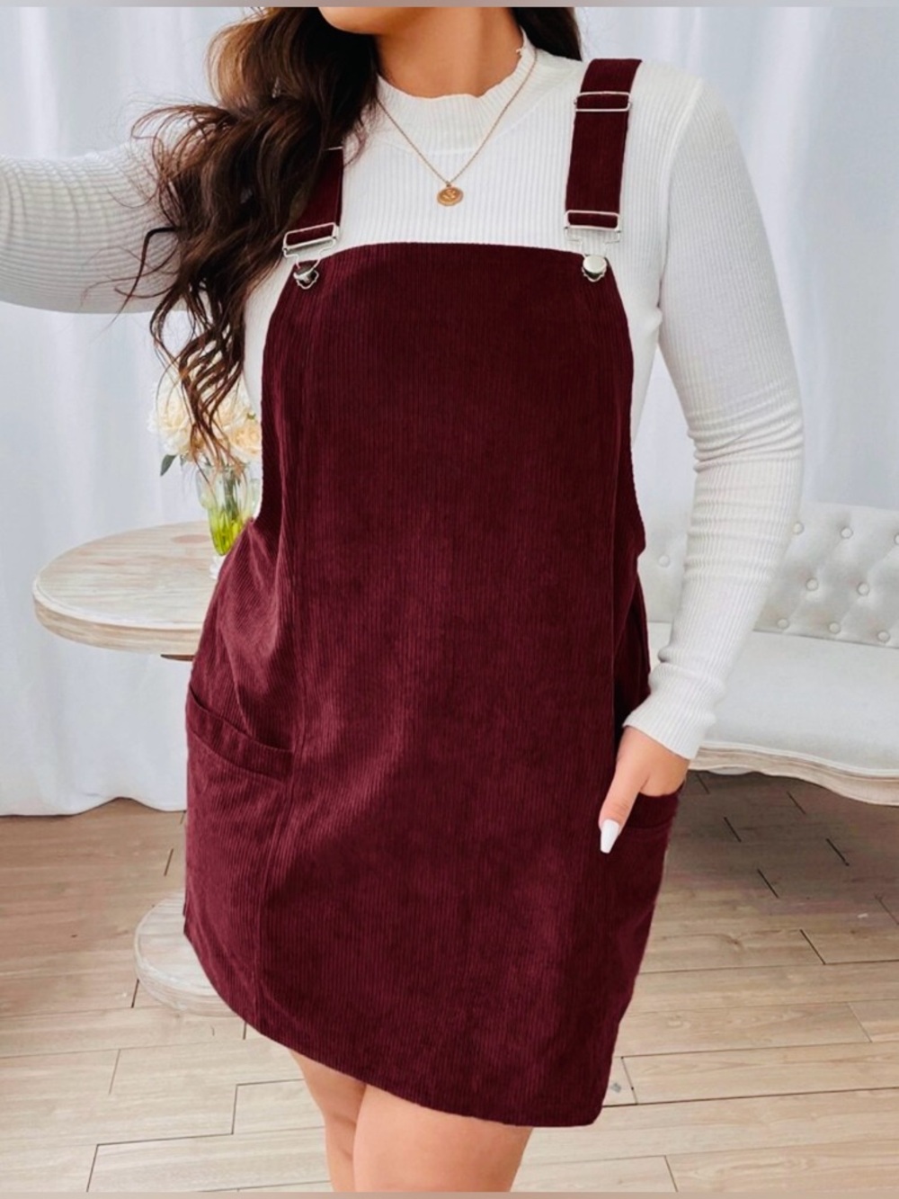 Corduroy Pinafore Mini Dress in Burgundy